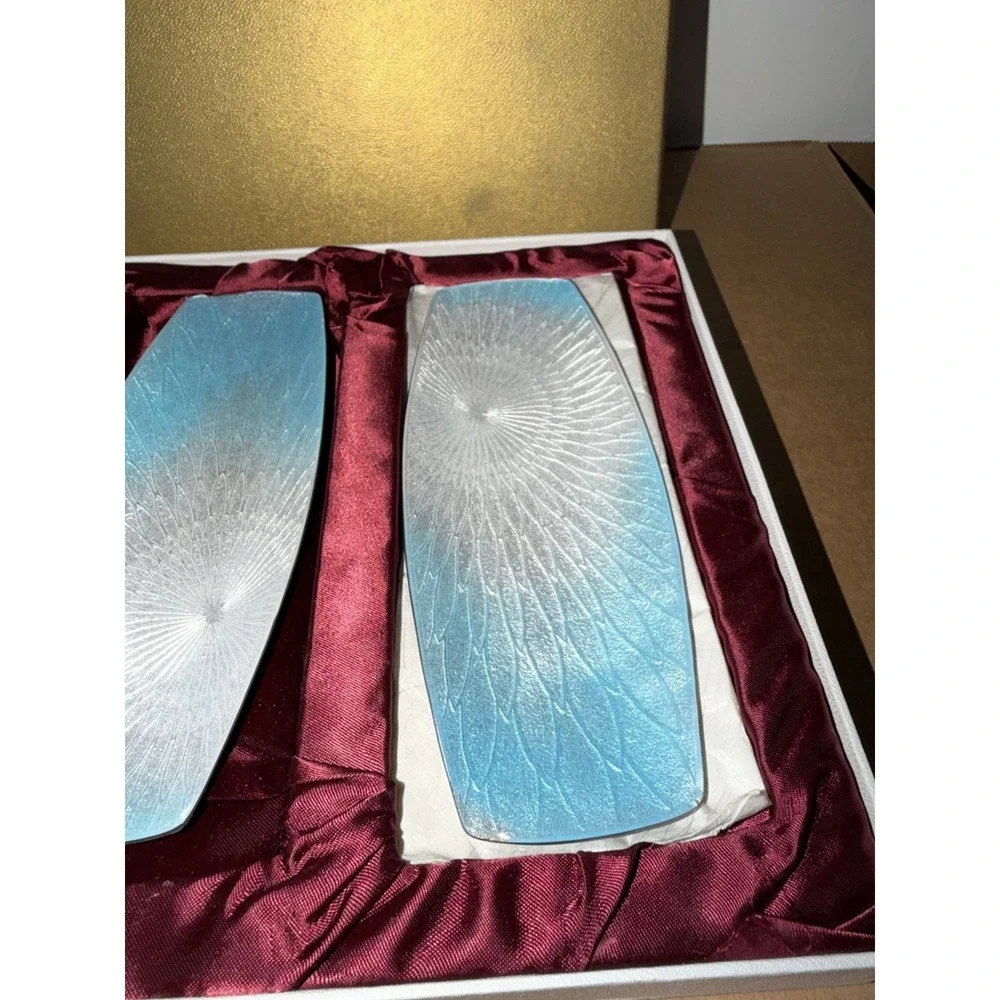 Japanese Handmade Enamel Oshibori Towel Tray Set 3 Blue White Gradient 7in